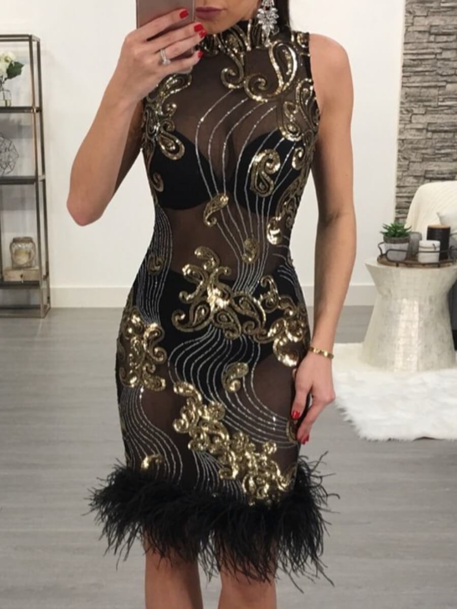 

Lovely Sexy Sequined See-through Black Knee Length Evening Prom Dress