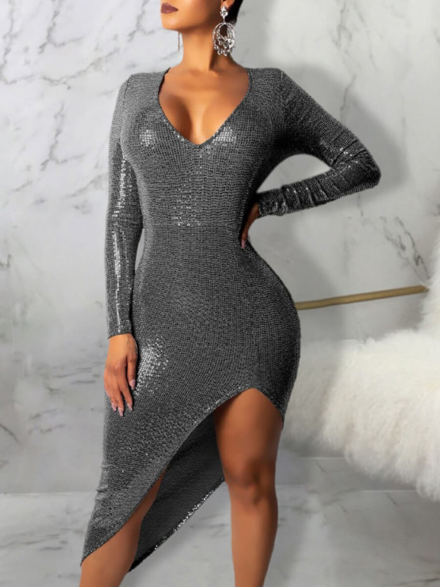 

Lovely Party V Neck Sequined Asymmetrical Grey Mid Calf Prom Dress