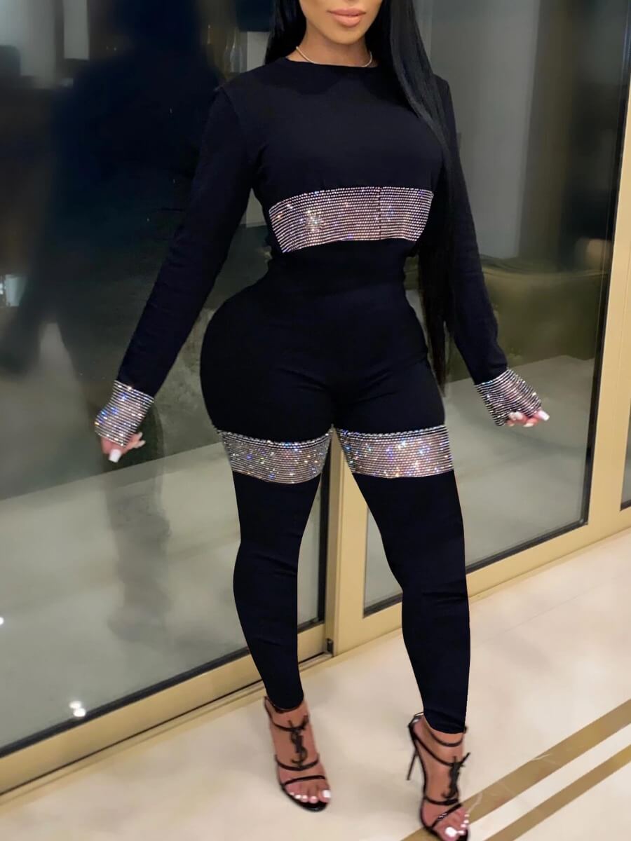 

Lovely Casual O Neck Patchwork Black One-piece Jumpsuit