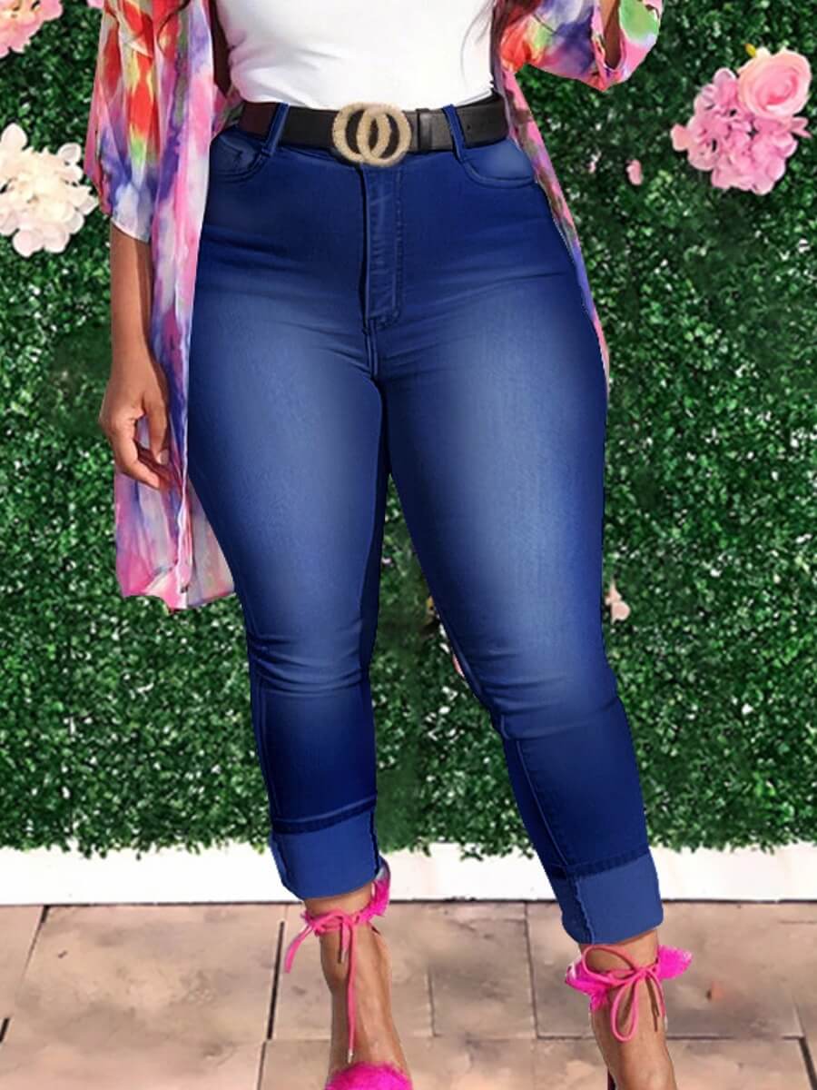 

Lovely Casual High-waisted Elastic Deep Blue Jeans