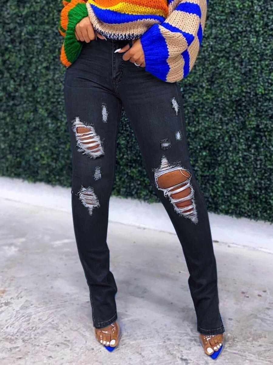 

Lovely Street Broken Holes Elastic Black Jeans