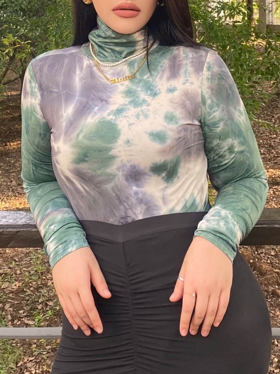 

Lovely Casual Turtleneck Tie-dye Green Bodysuit