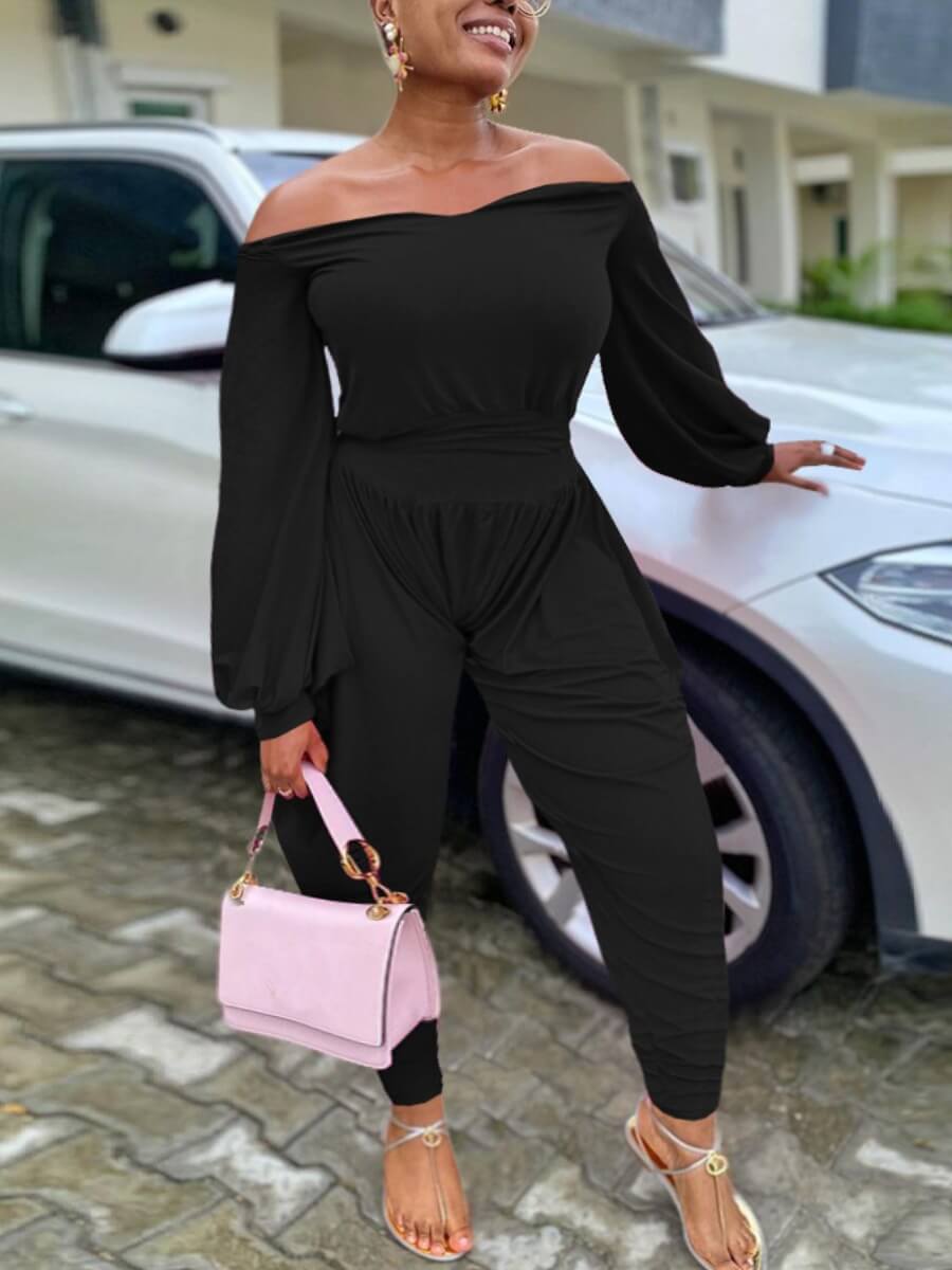 

Lovely Casual Off The Shoulder Black Two Piece Pants Set