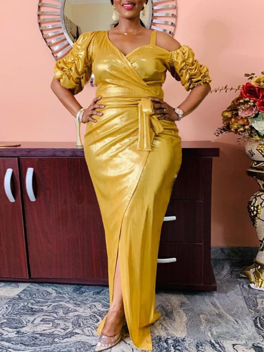 

Lovely Trendy Fold Design Hollow-out Gold Maxi Plus Size Dress