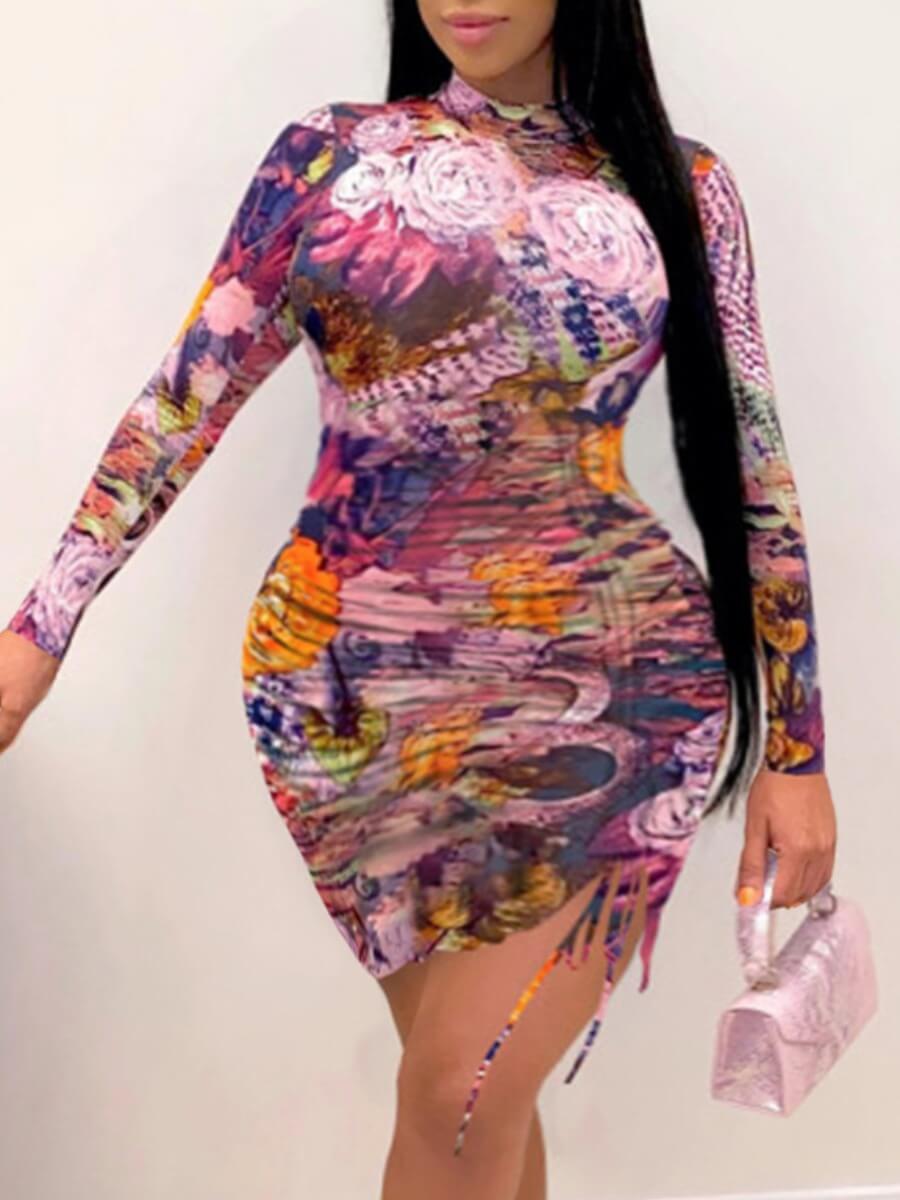 

Lovely Sweet Floral Print Lace-up Purple Mini Plus Size Dress
