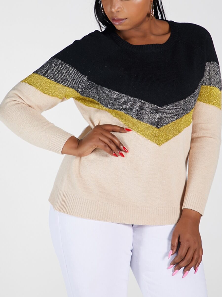 

Lovely Casual O Neck Striped Patchwork Black Plus Size Sweater