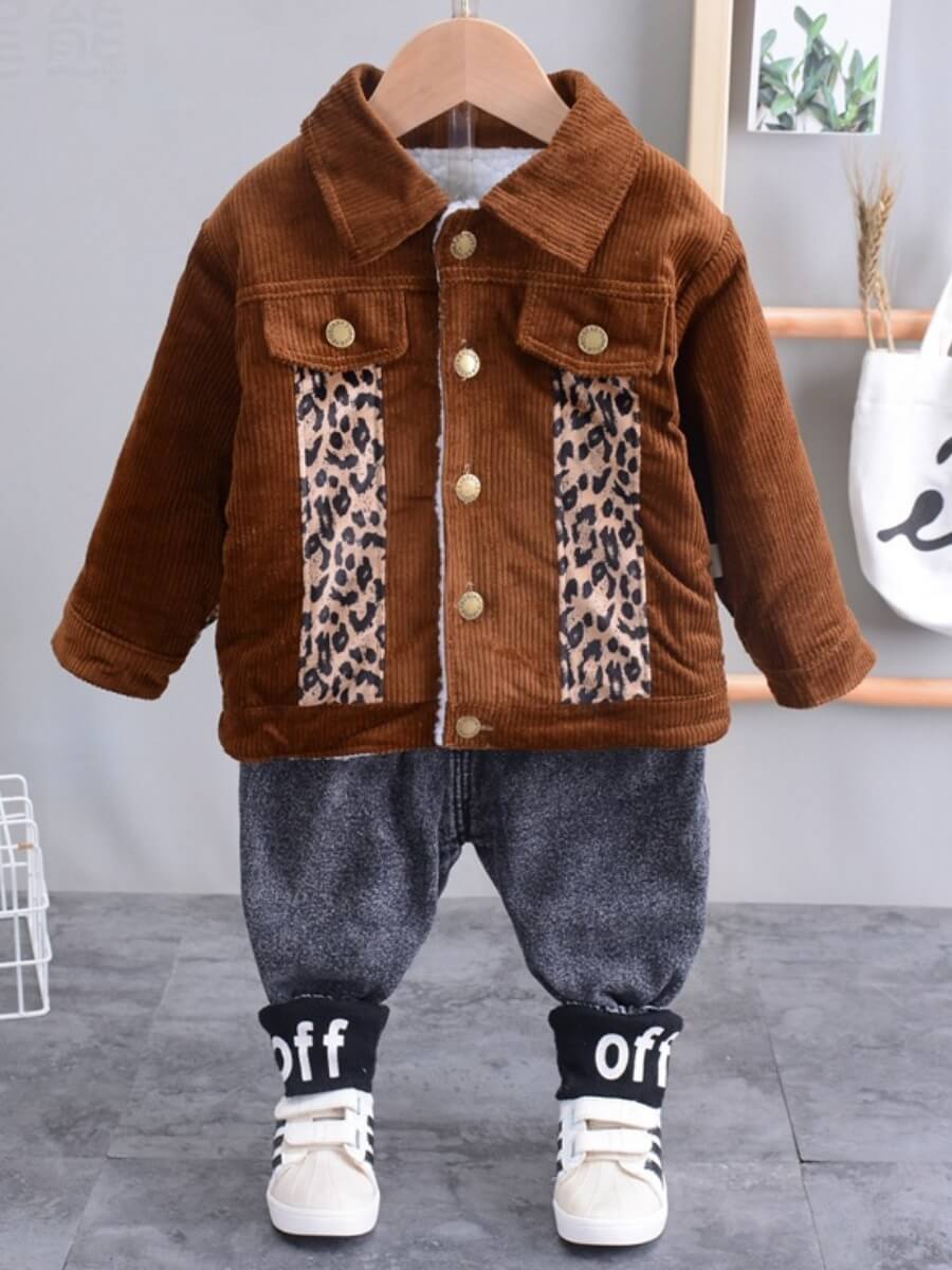 

Lovely Street Leopard Print Button Design Brown Boy Two Piece Pants Set