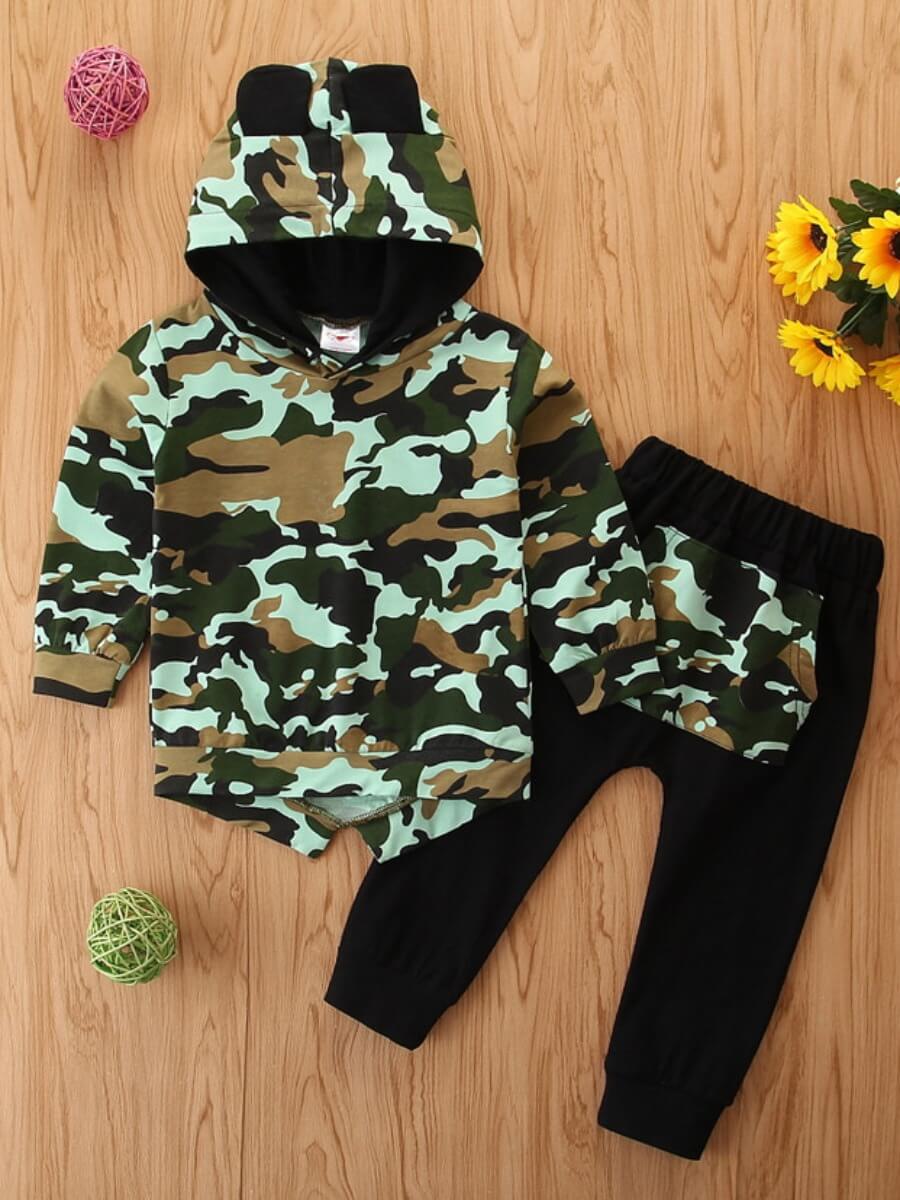 

Lovely Sportswear Hooded Collar Camo Print Boy Two Piece Pants Set