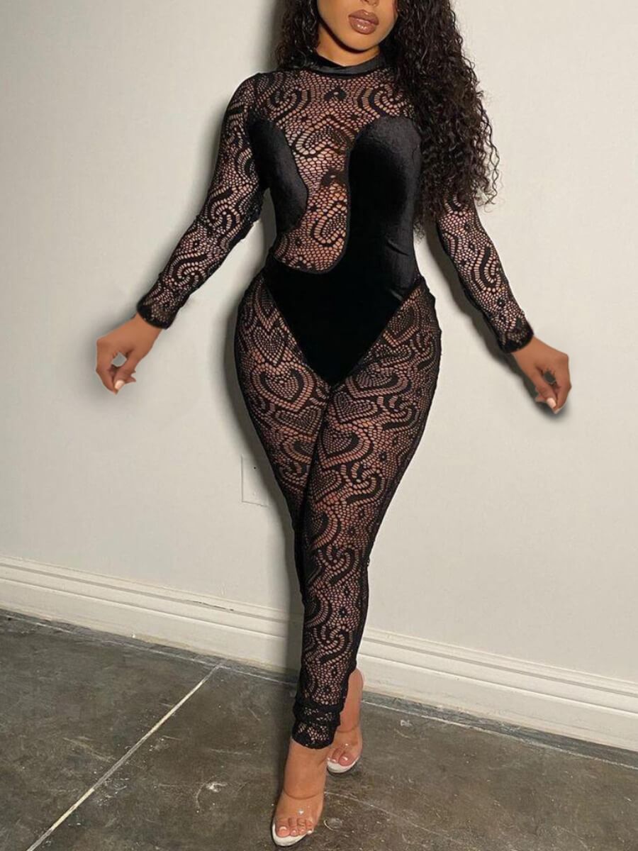 

Lovely Sexy See-through Patchwork Black One-piece Jumpsuit