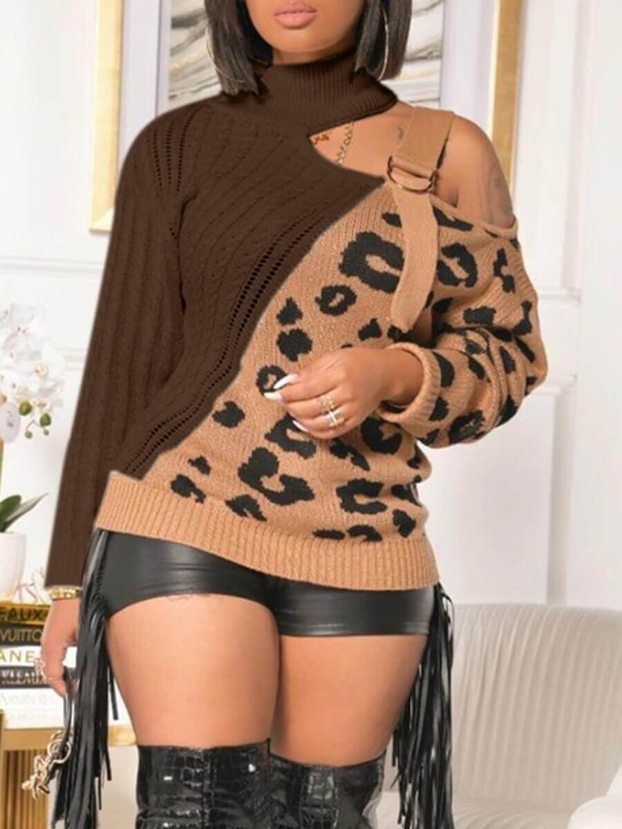 

Lovely Stylish Patchwork Hollow-out Coffee Sweater