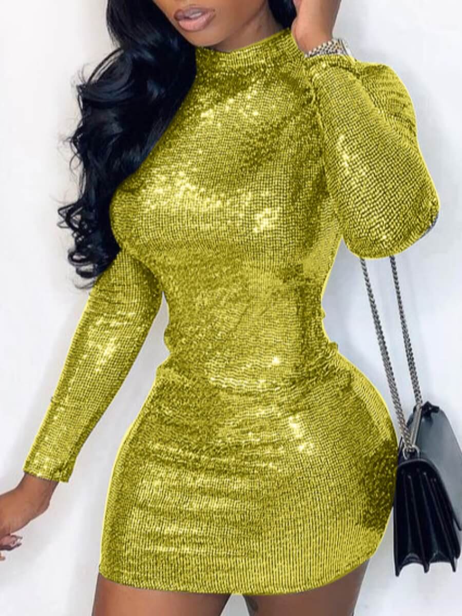 

Lovely Trendy Half A Turtleneck Backless Sequined Yellow Mini Dress