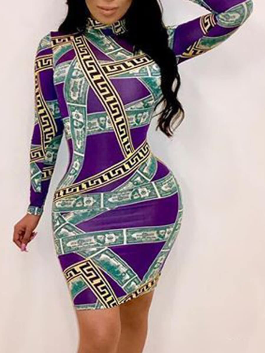 

Lovely Sweet Geometric Print Patchwork Purple Knee Length Dress