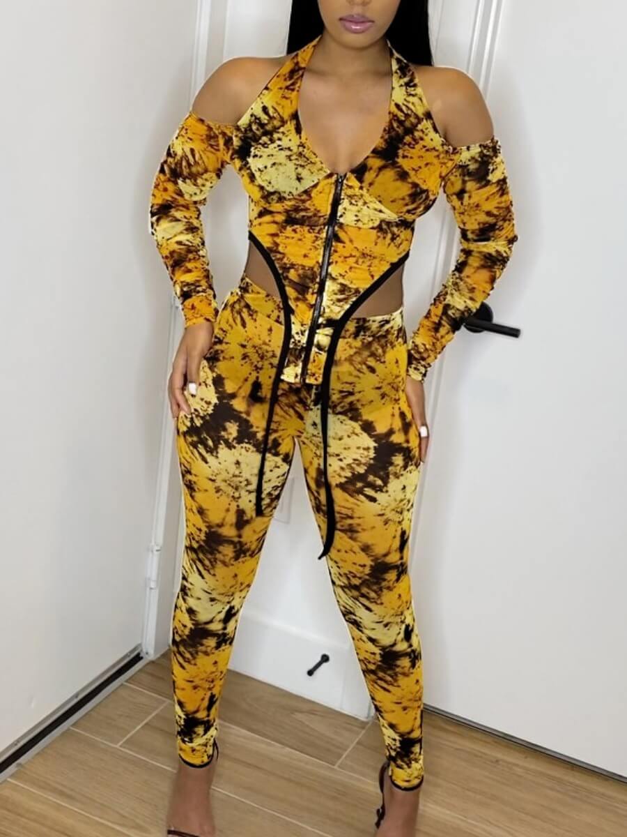 

Lovely Chic Off The Shoulder Print Asymmetrical Yellow Two Piece Pants Set