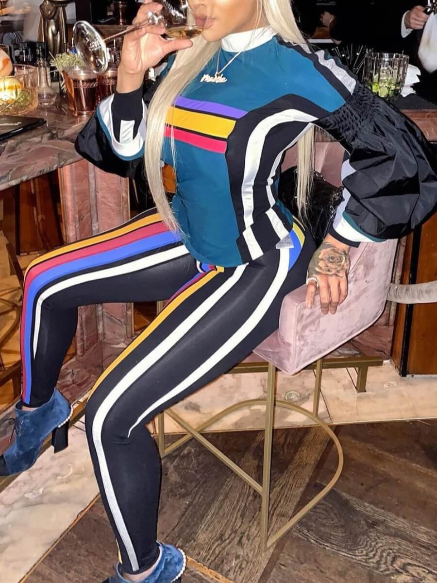

Lovely Sportswear Striped Patchwork Blue Two Piece Pants Set