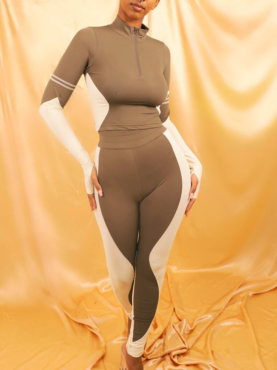 

Lovely Sportswear Color-lump Patchwork Khaki Two Piece Pants Set