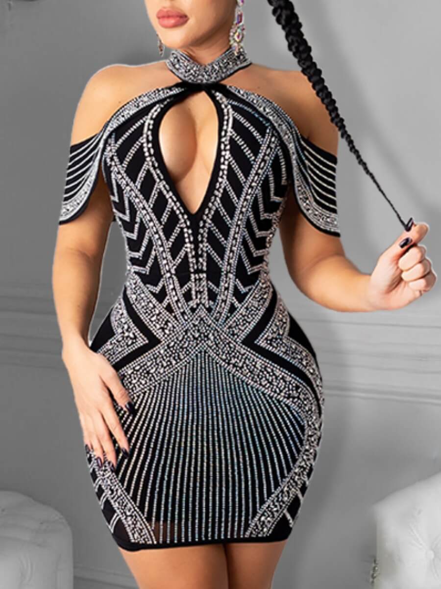 Lovely Sexy Off The Shoulder Sequined Geometric Print Black Mini Evening Dress от Lovelywholesale WW