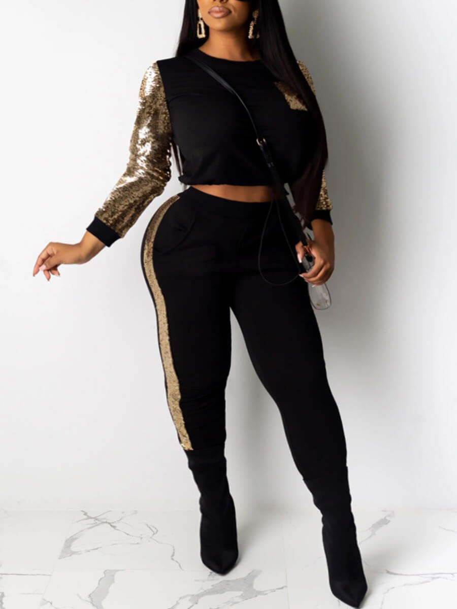 

Lovely Sportswear Sequined Color-lump Patchwork Black Two Piece Pants Set