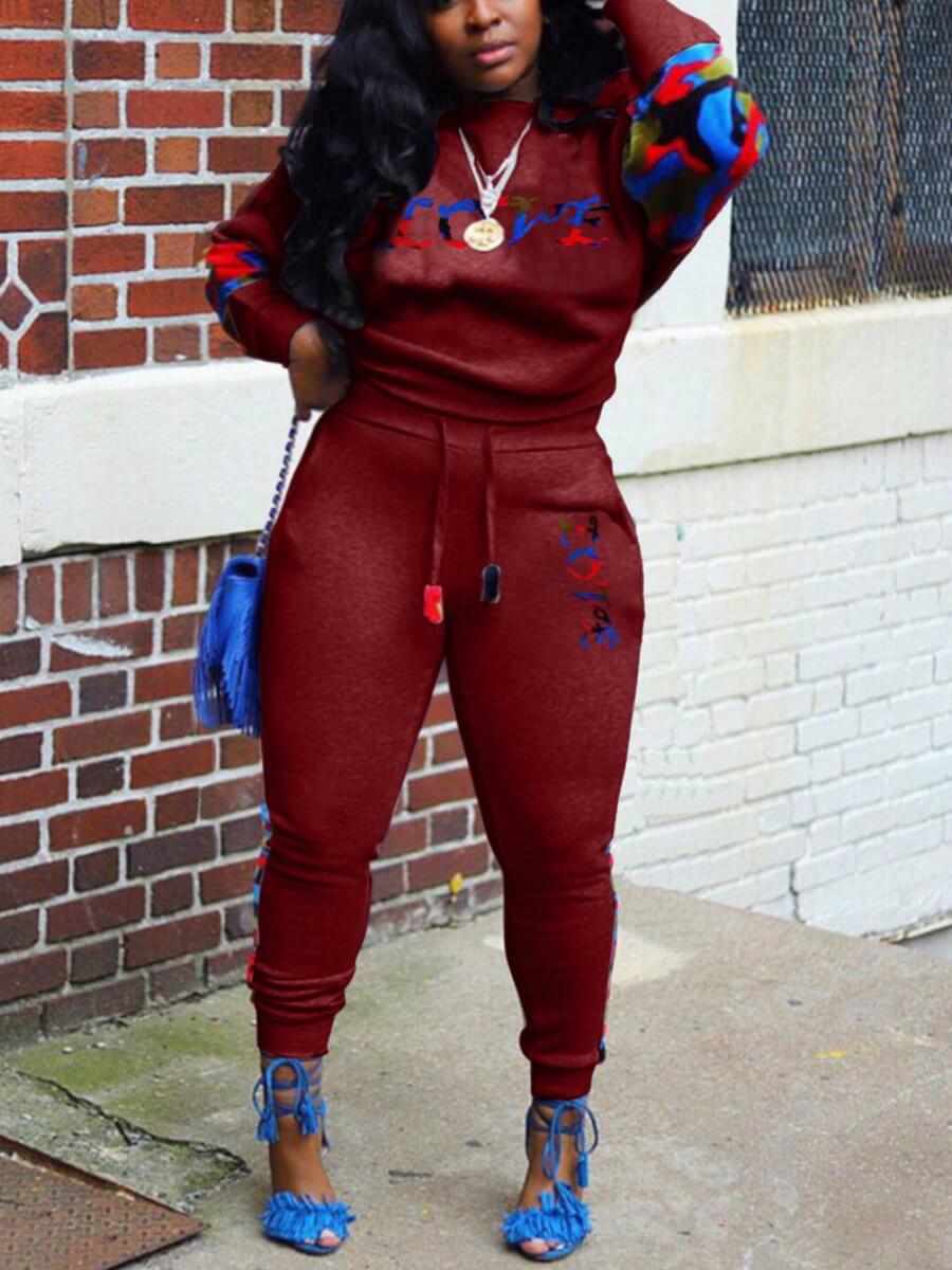 

Lovely Casual Letter Print Patchwork Drawstring Wine Red Plus Size Two-piece Pants Set