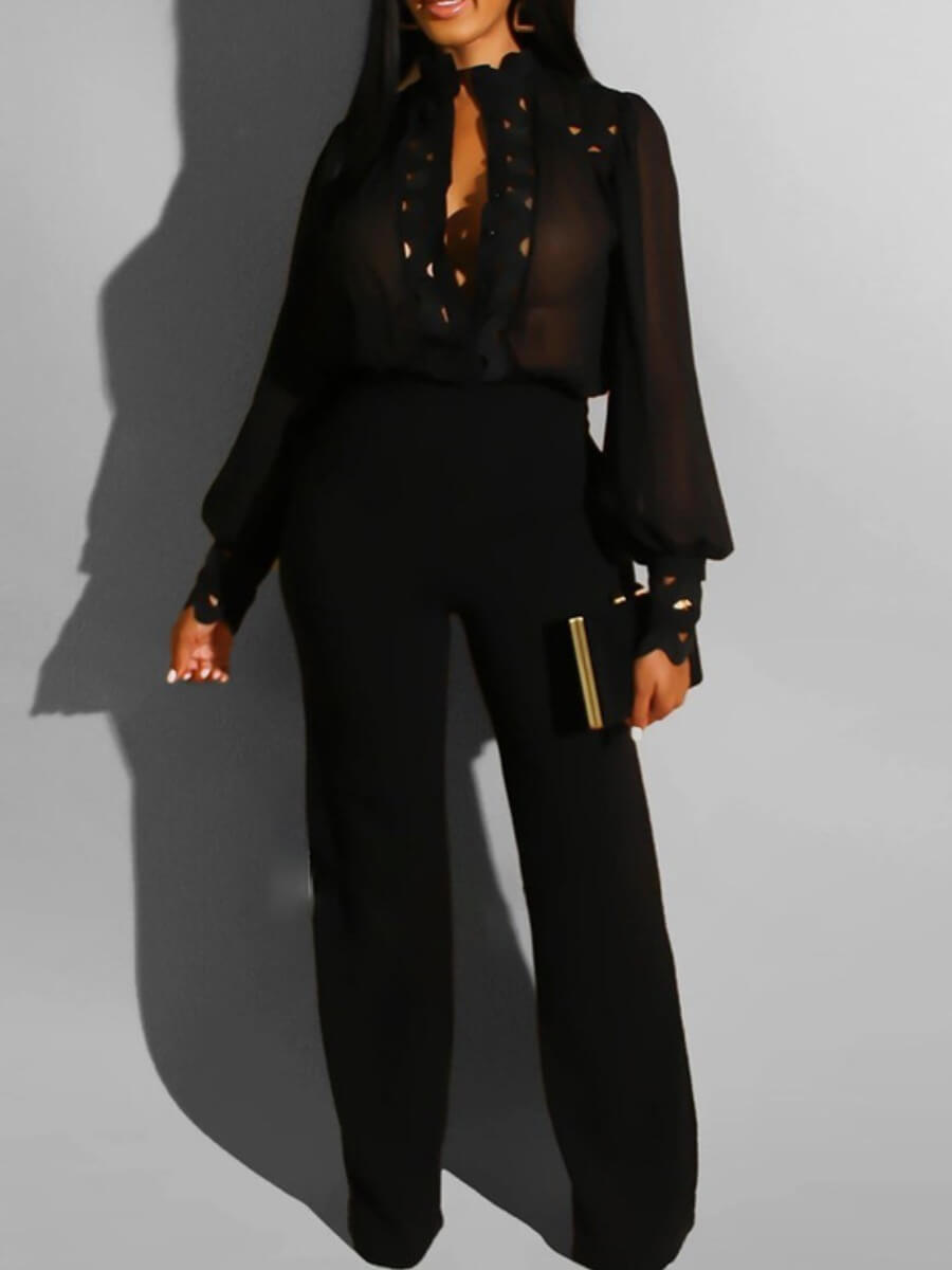 

Lovely Formal Puffed Sleeve Hollow-out Black One-piece Jumpsuit