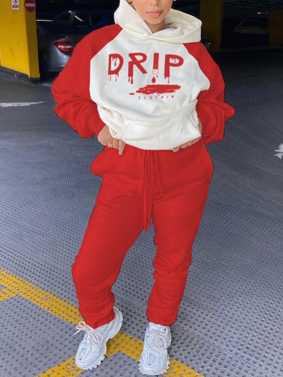 

Lovely Casual Letter Print Patchwork Red Two Piece Pants Set