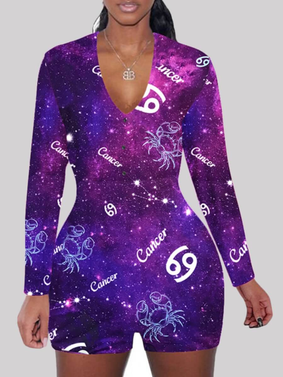 

Lovely Sweet V Neck Starry Sky Print Purple One-piece Romper