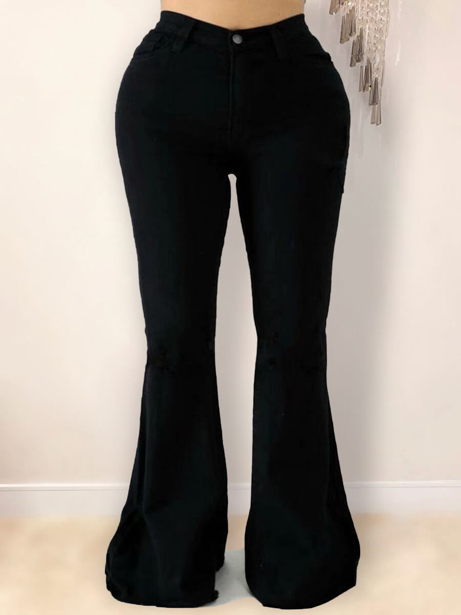 

Lovely Casual High-waisted Zipper Design Black Plus Size Jeans