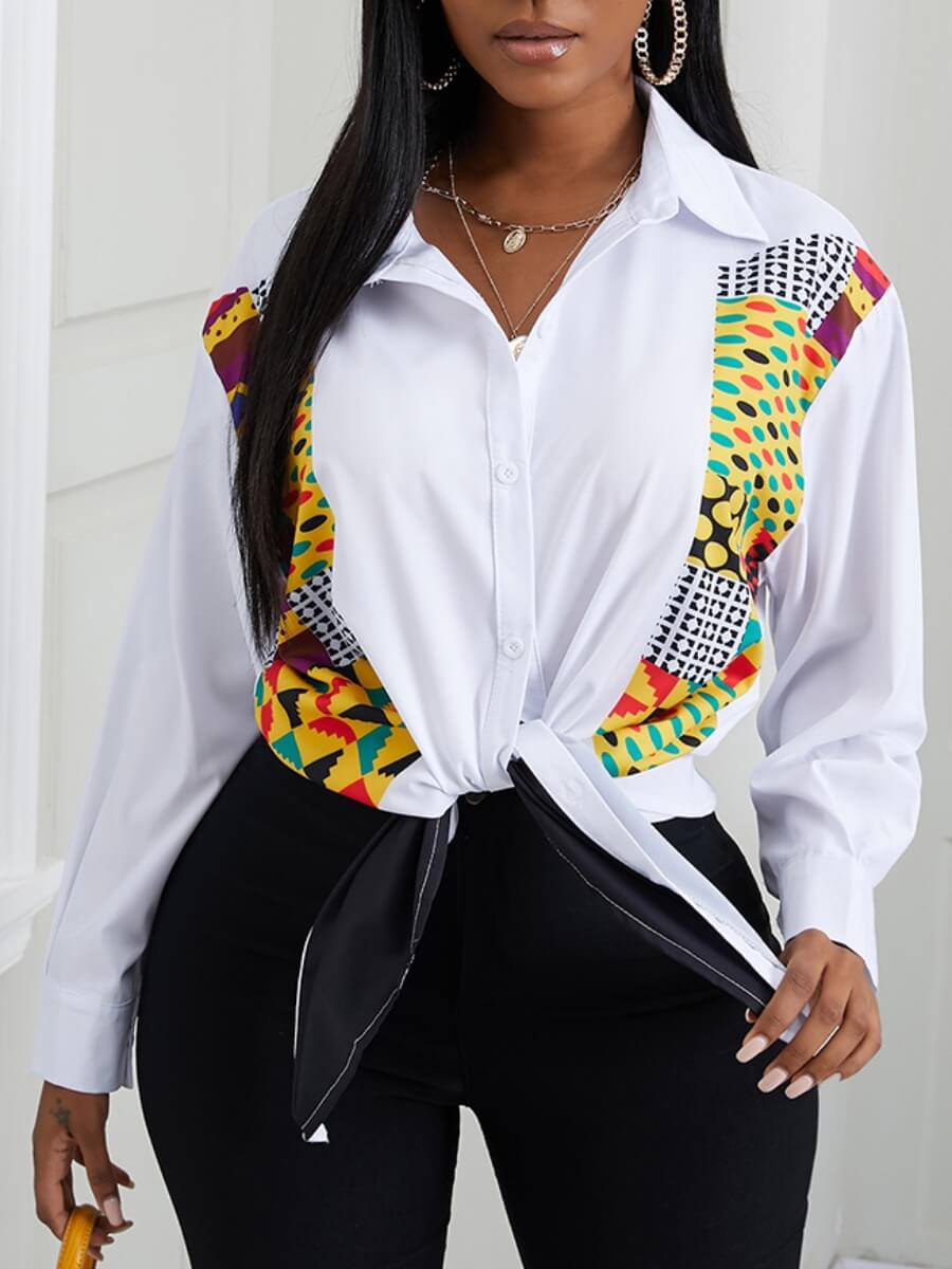 

Lovely Formal Geometric Print Patchwork White Blouse