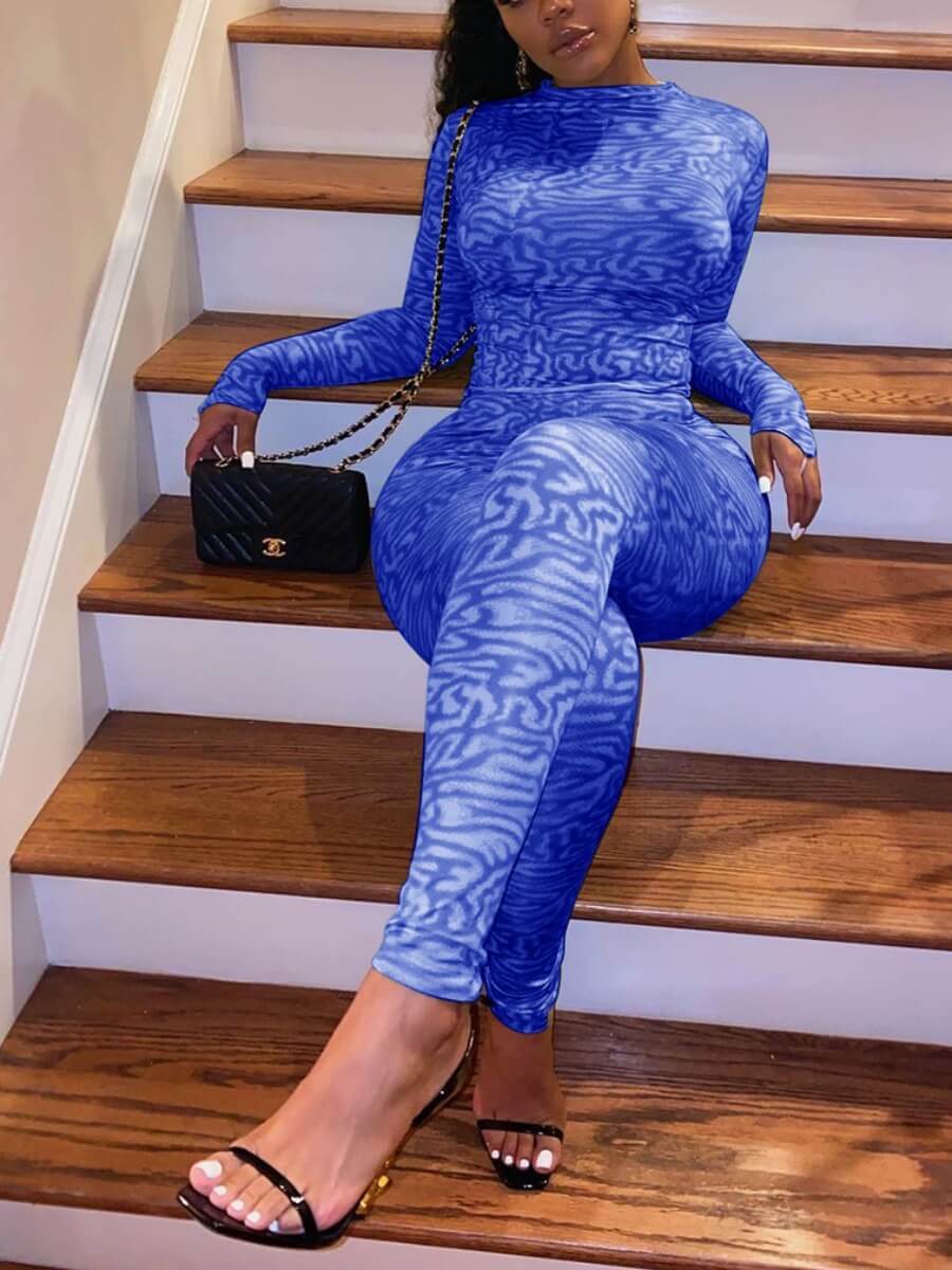 

Lovely Casual Half A Turtleneck Gradient Print Blue Two Piece Pants Set
