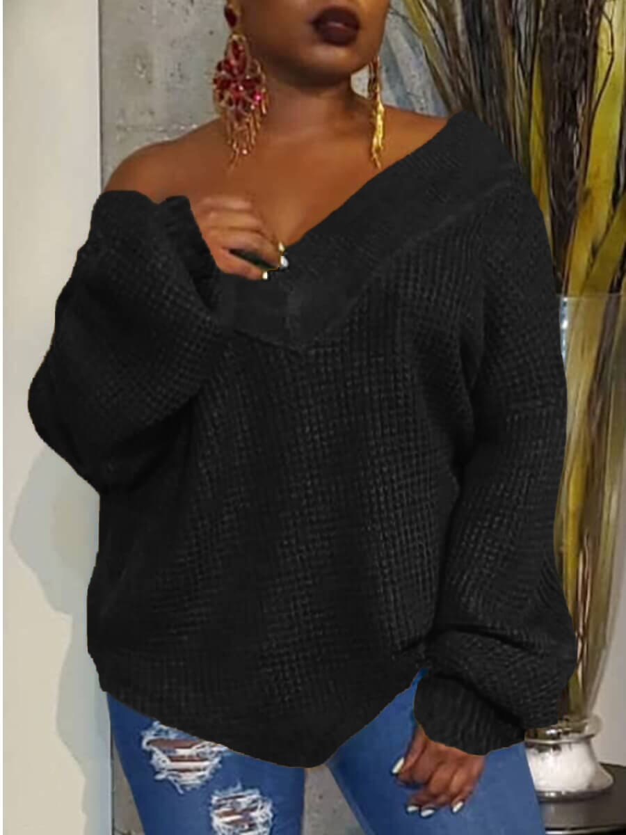 

Lovely Chic V Neck Loose Black Sweater