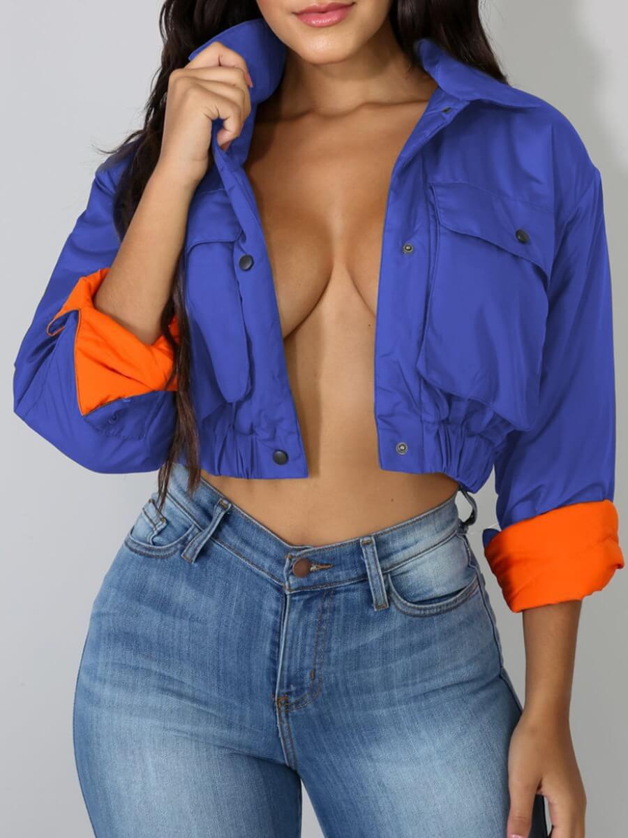 

Lovely Casual Button Pocket Design Blue Parka