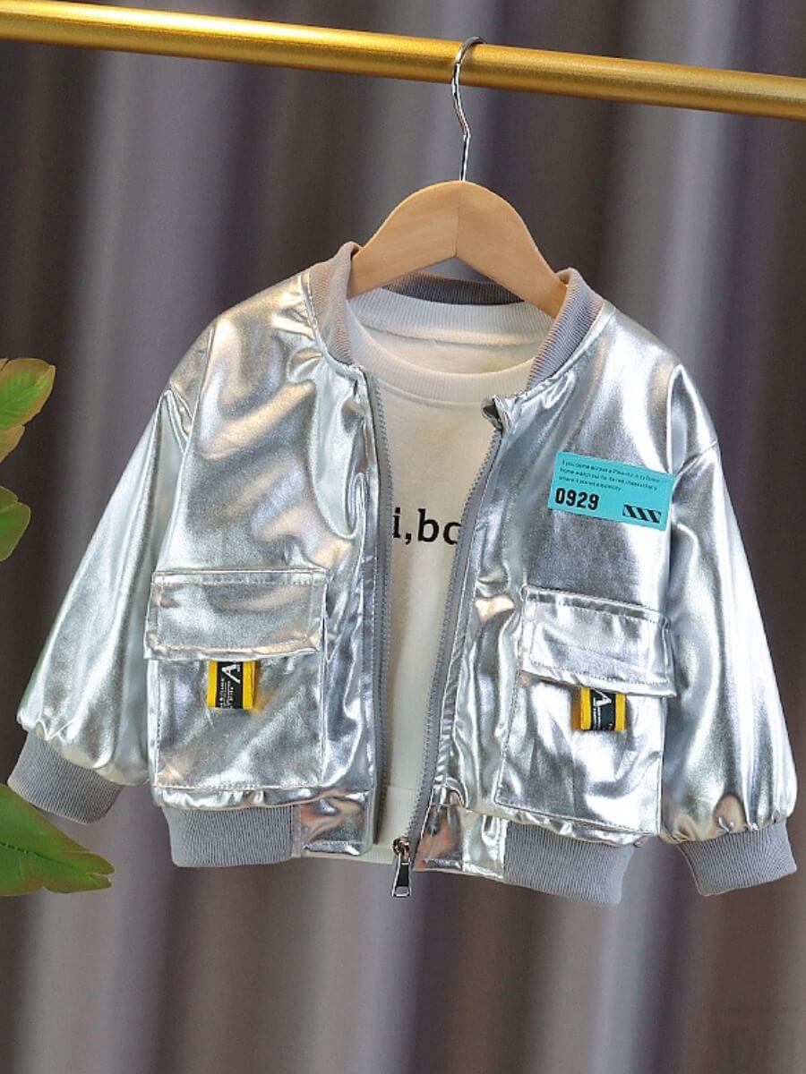

Lovely Street Letter Print Pocket Design Silver Boy Coat