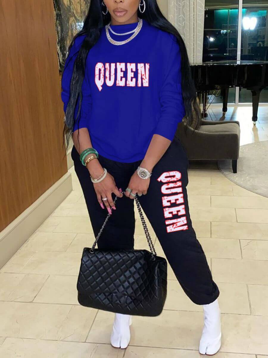 

LW BASICS Plus Size Casual O Neck Letter Print Blue Two-piece Pants Set