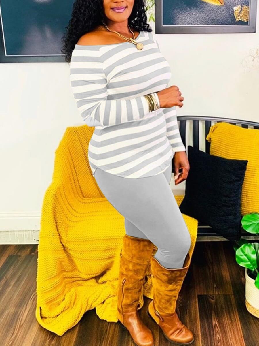 

Lovely Casual Boat Neck Striped Grey Two Piece Pants Set