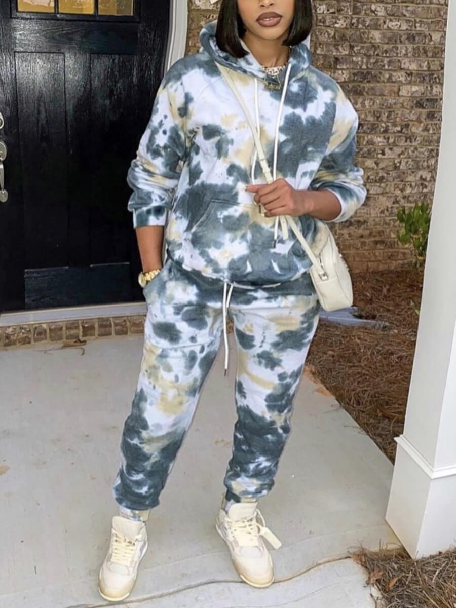 

Lovely Casual Tie Dye Patchwork Drawstring Green Two Piece Pants Set