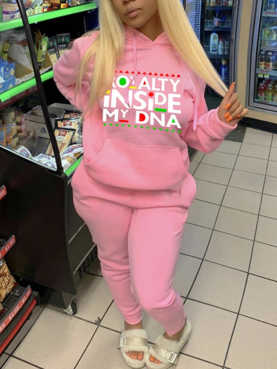 

Lovely Casual Letter Print Kangaroo Pocket Pink Two Piece Pants Set