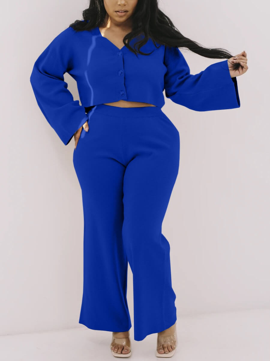 

Lovely Formal V Neck Button Design Blue Two Piece Pants Set