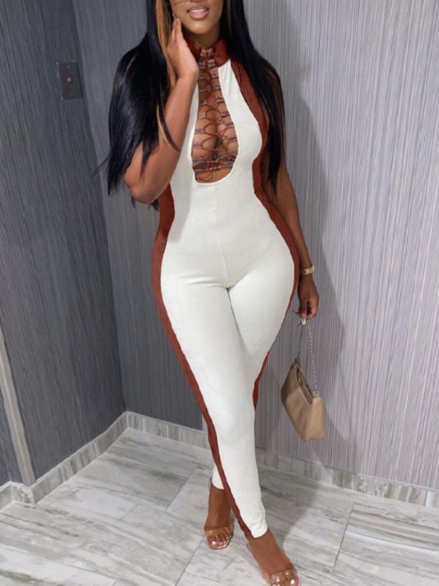 

Lovely Sexy Bandage Hollow-out Design Patchwork White One-piece Jumpsuit