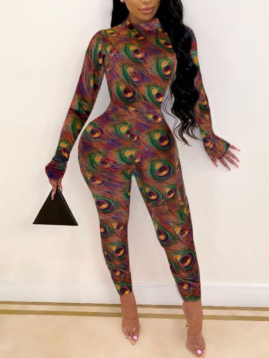 

Lovely Trendy Half A Turtleneck Print Patchwork Multicolor One-piece Jumpsuit, Multi