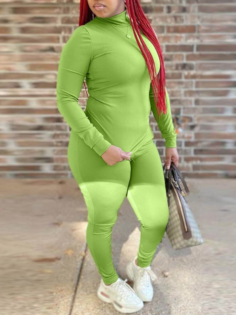 

Lovely Casual Turtleneck Basic Skinny Green Two Piece Pants Set