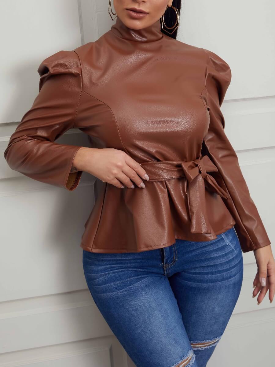 

Lovely Formal Turtleneck Bow-tie Decoration Brown Blouse