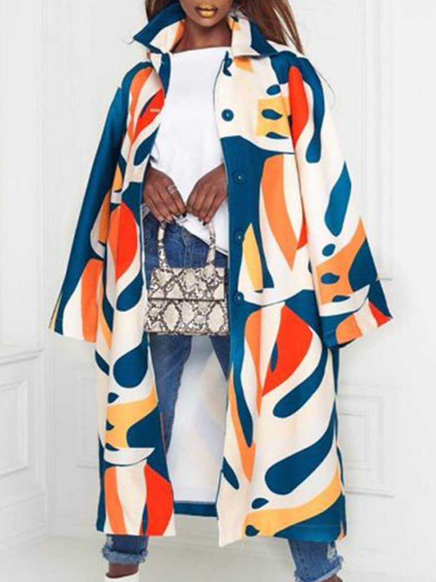 

Lovely Casual Turndown Collar Print Patchwork Multicolor Plus Size Trench Coat, Multi