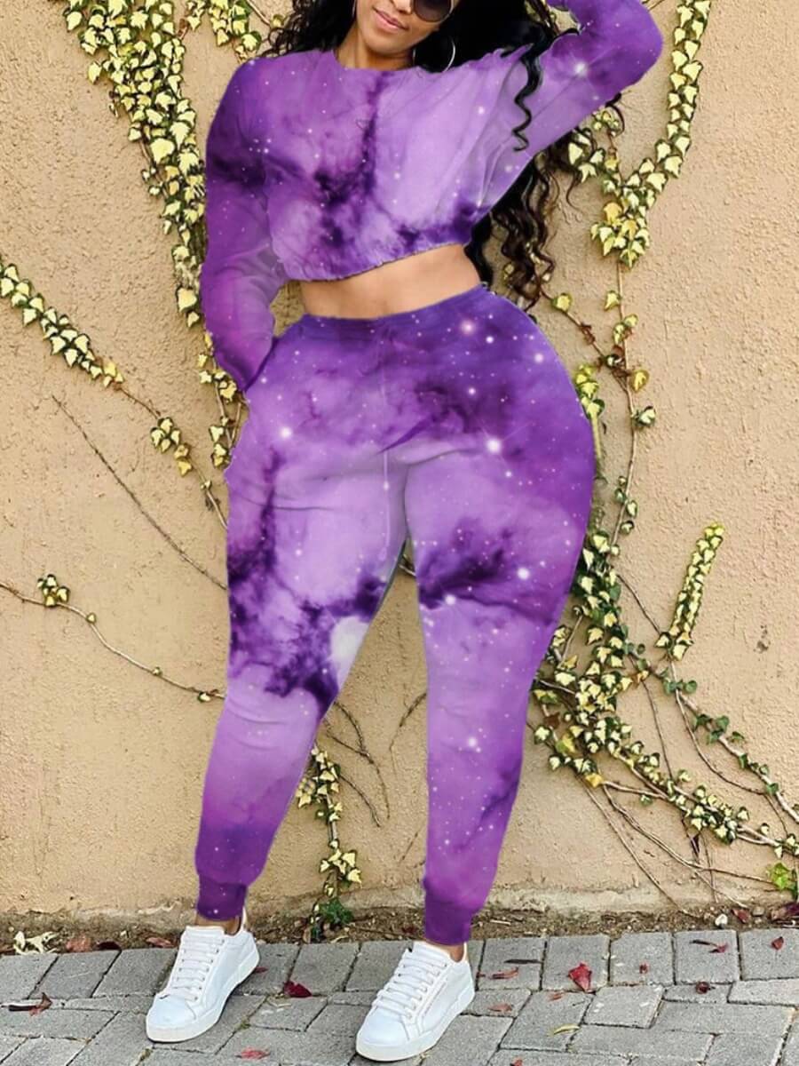 

Lovely Casual Tie Dye Print Purple Plus Size Two-piece Pants Set