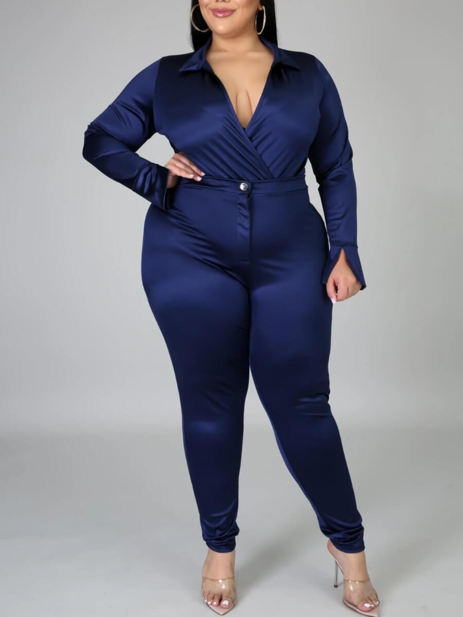 

Lovely Casual V Neck Fold Design Dark Blue Plus Size Two-piece Pants Set
