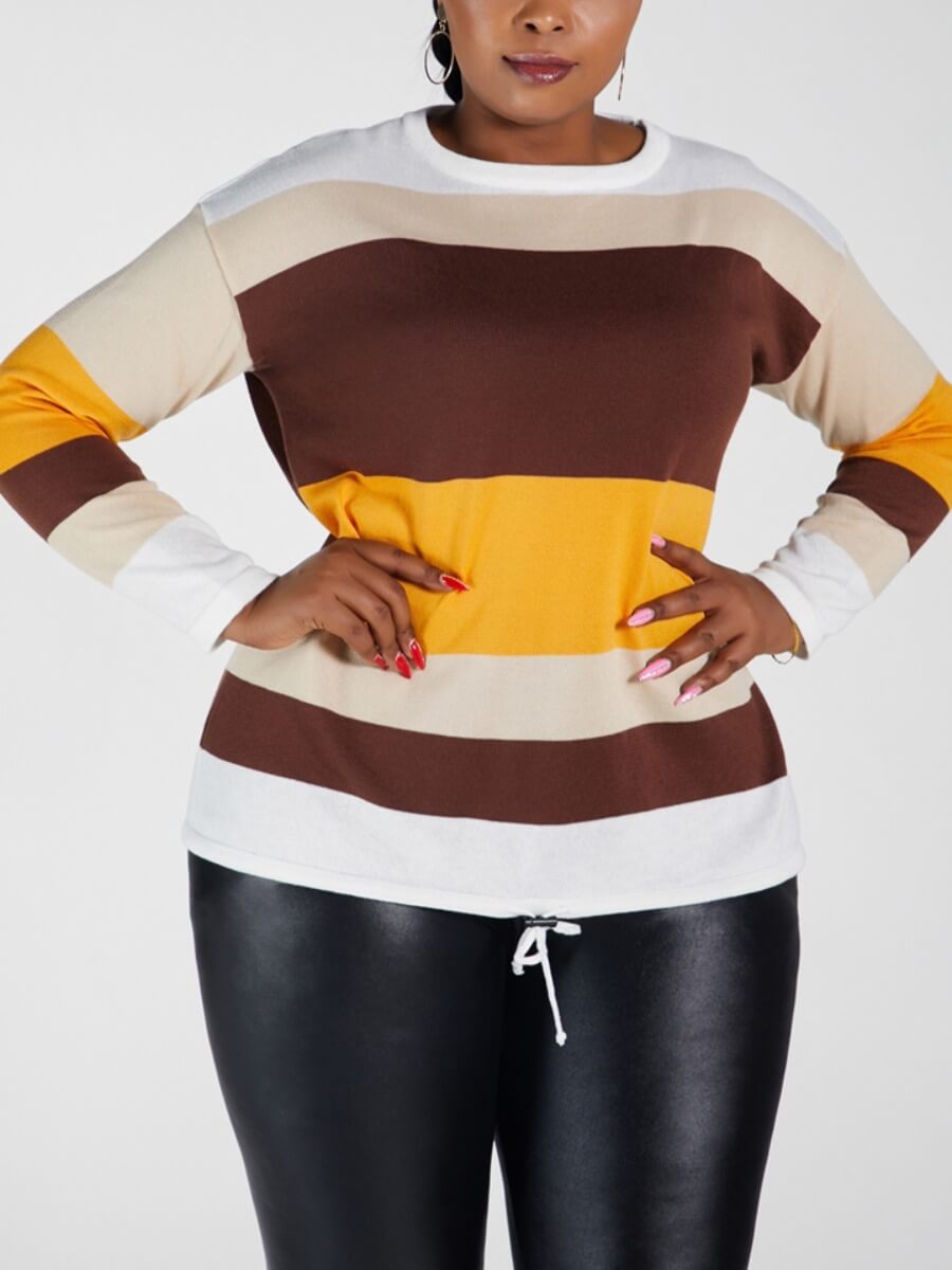 

Lovely Casual O Neck Striped Patchwork Yellow Sweater
