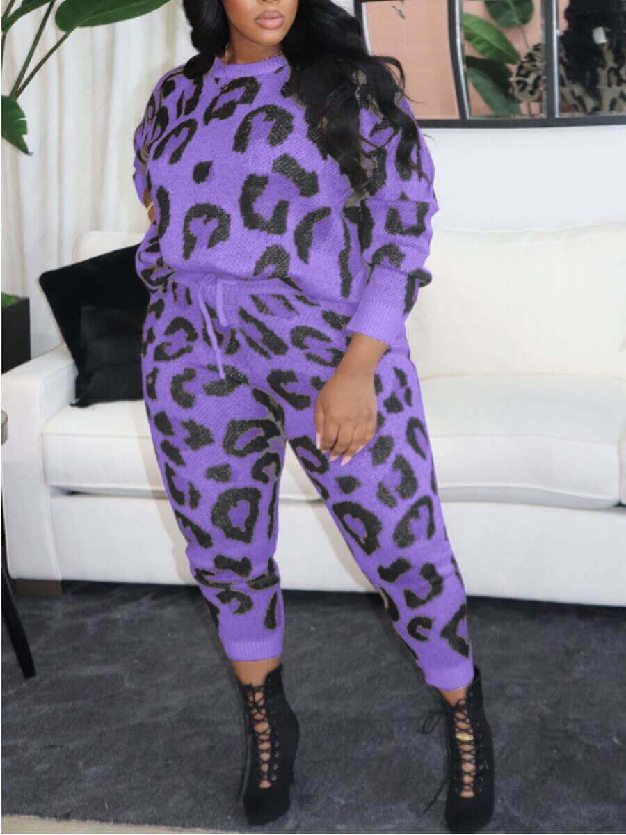 

Lovely Casual Leopard Print Drawstring Purple Two-piece Pants Set