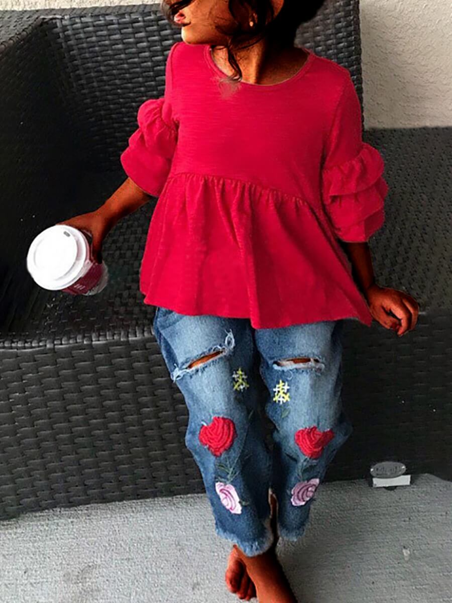 

Lovely Stylish Floral Print Flounce Broken Holes Red Girl Two Piece Pants Set