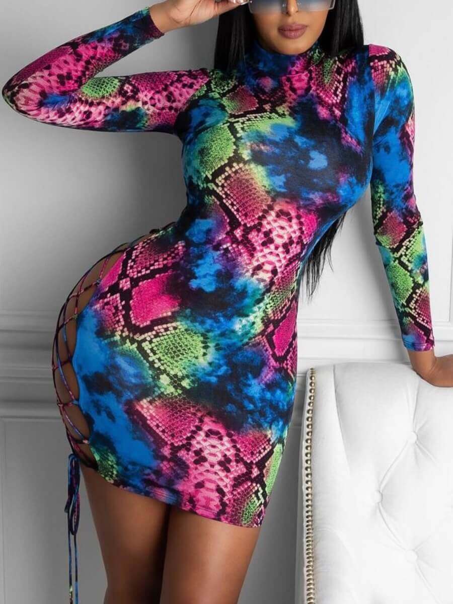 Lovely Sexy Snake Print Hollow-out Multicolor Mini Dress от Lovelywholesale WW