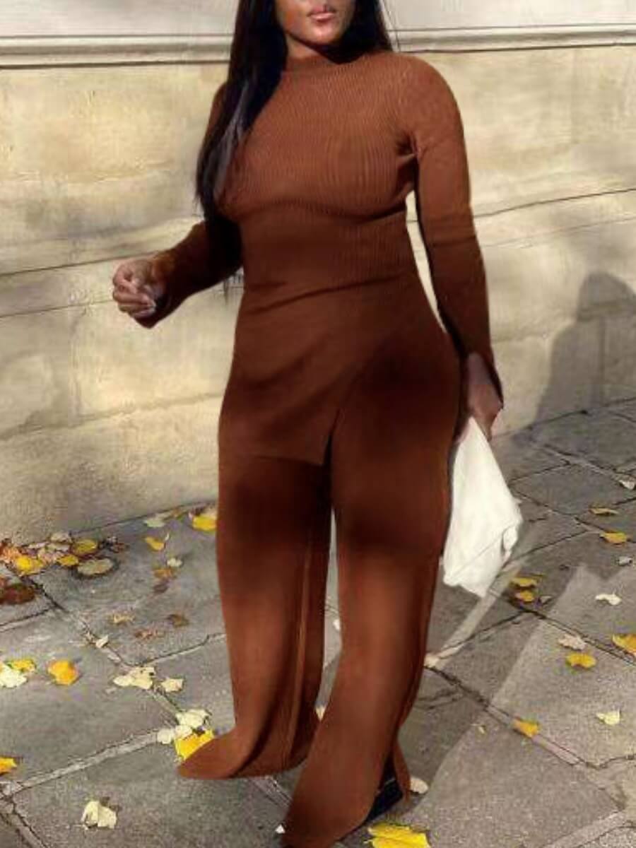 

Lovely Casual Half A Turtleneck Side Slit Coffee Two Piece Pants Set
