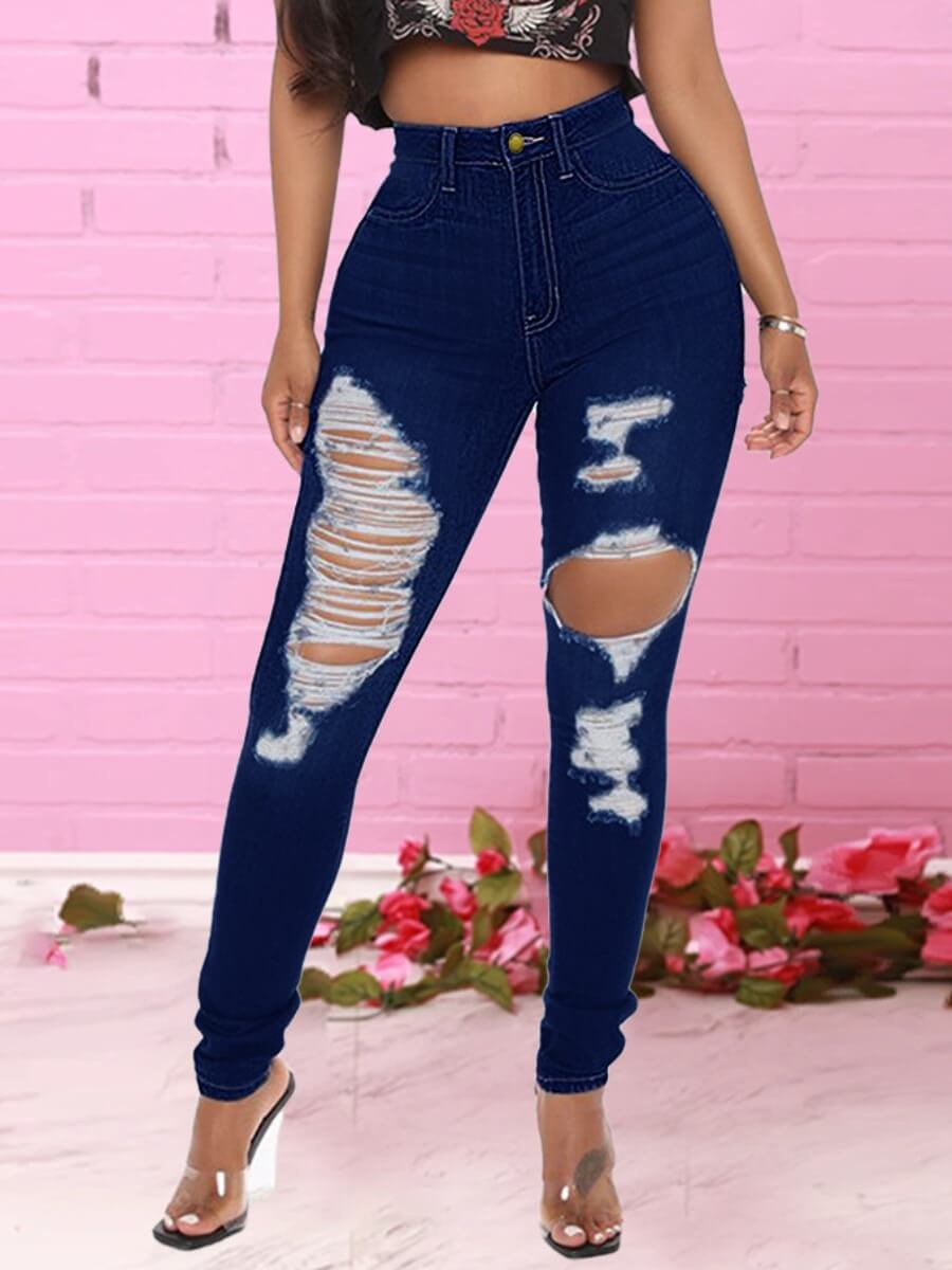 

Lovely Casual High-waisted Broken Holes Blue Jeans, Deep blue