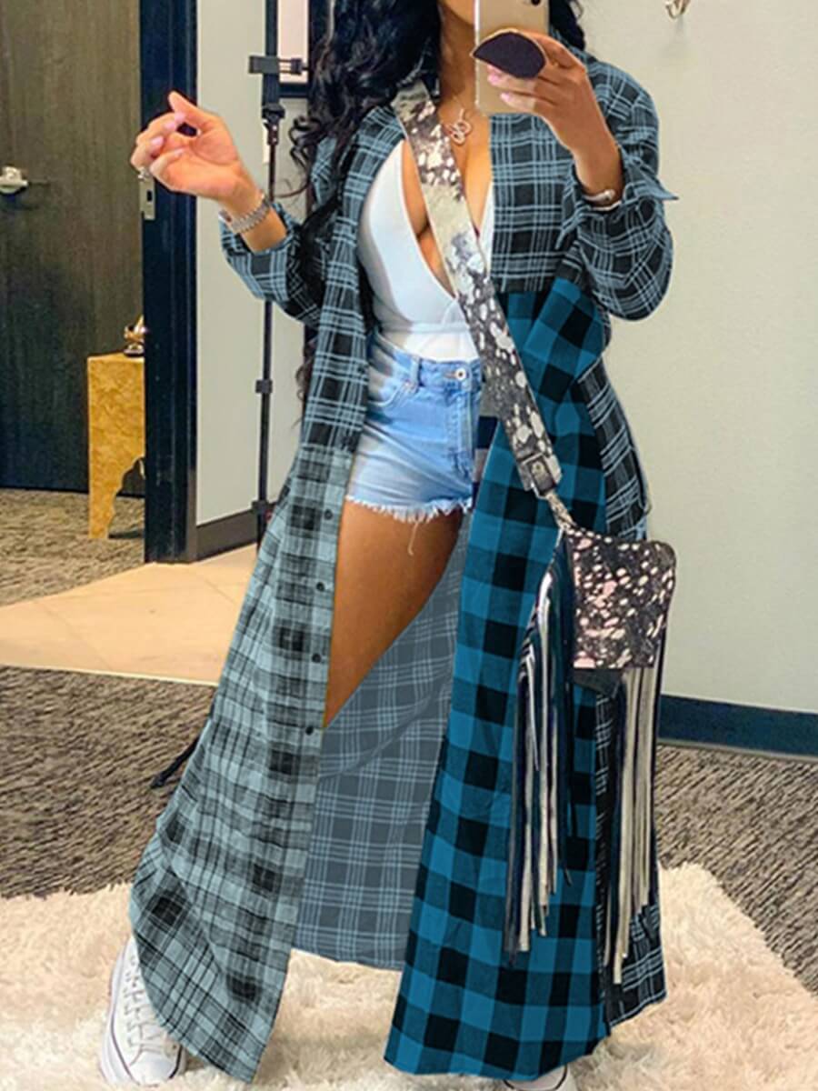 

Lovely Casual Plaid Print Patchwork Blue Trench Coat